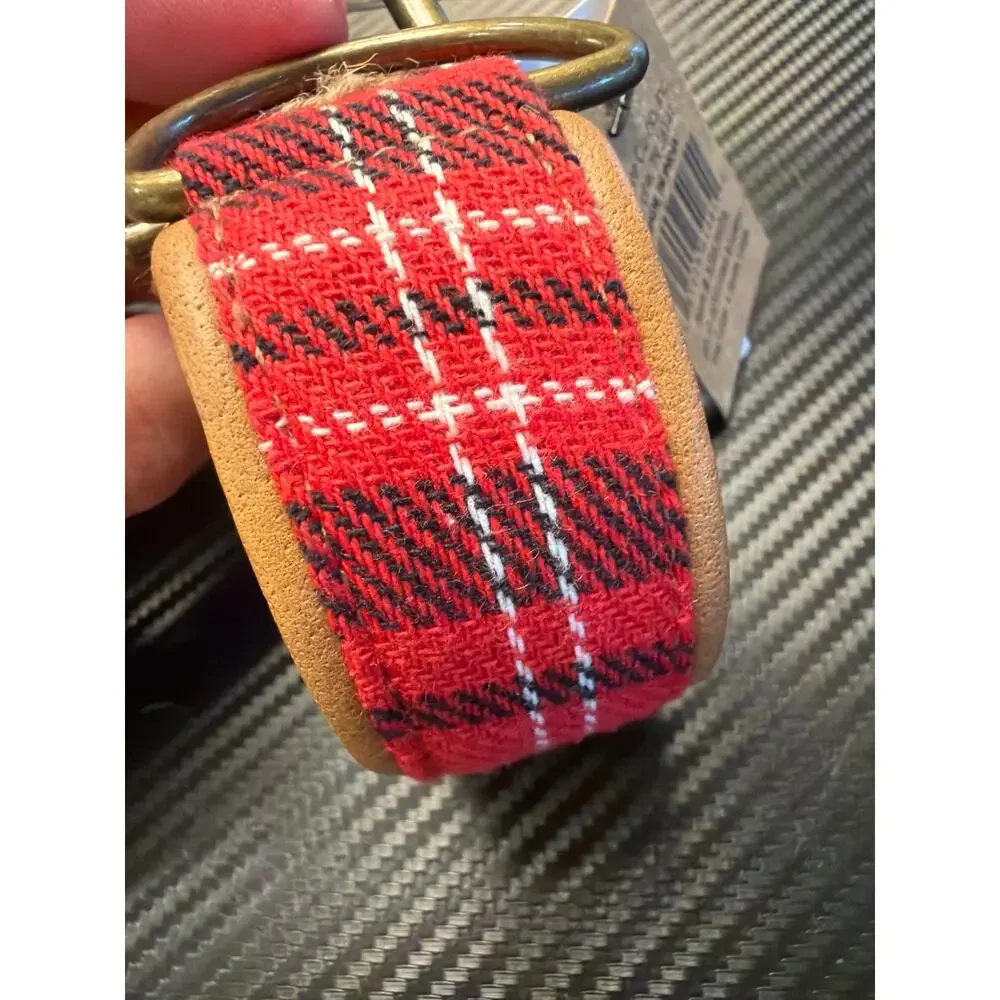 NWT Creative Co-op Cotton & Leather Large Red Plaid Dog Collar Item # XS5767A